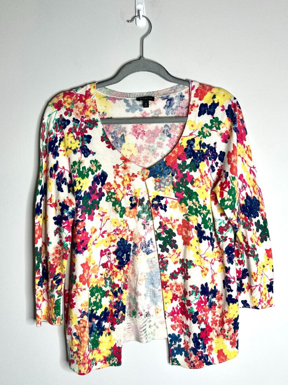 Talbots Charming Cardigan Colorful Bright Floral Print Crew Neck Preppy Summer M